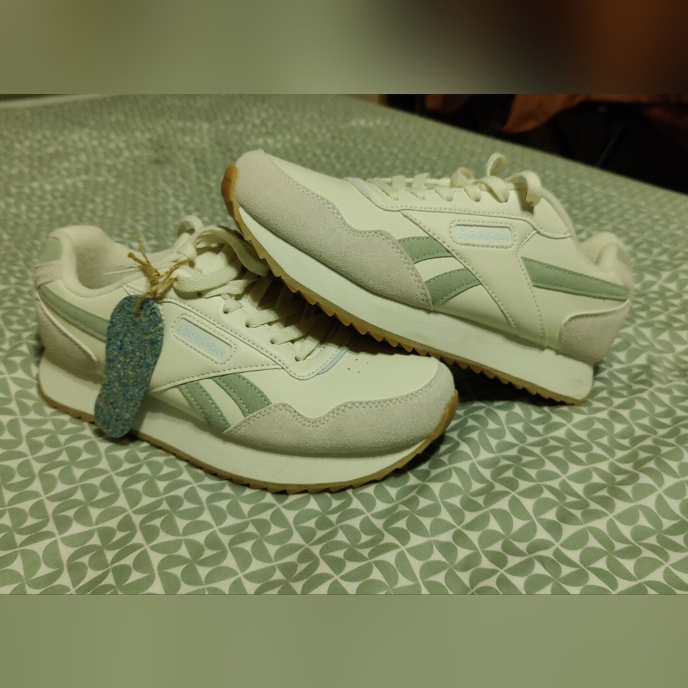 Reebok Cream Sneakers with Green and Blue Details